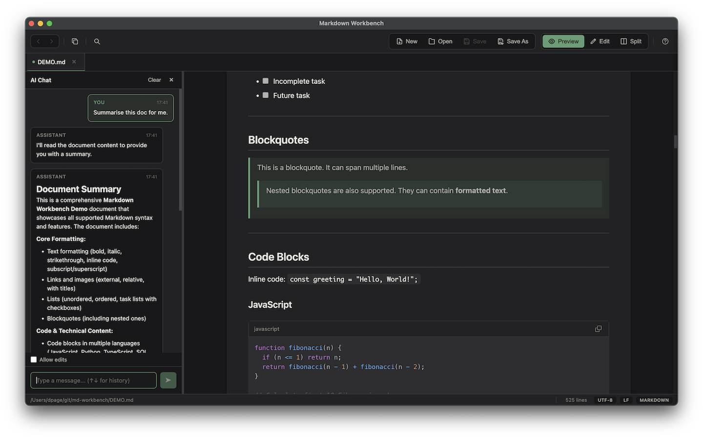 Markdown Workbench AI chat assistant