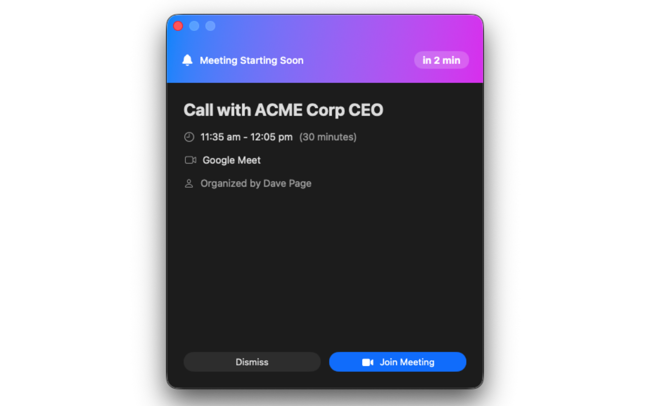 NeverMiss meeting alert popup