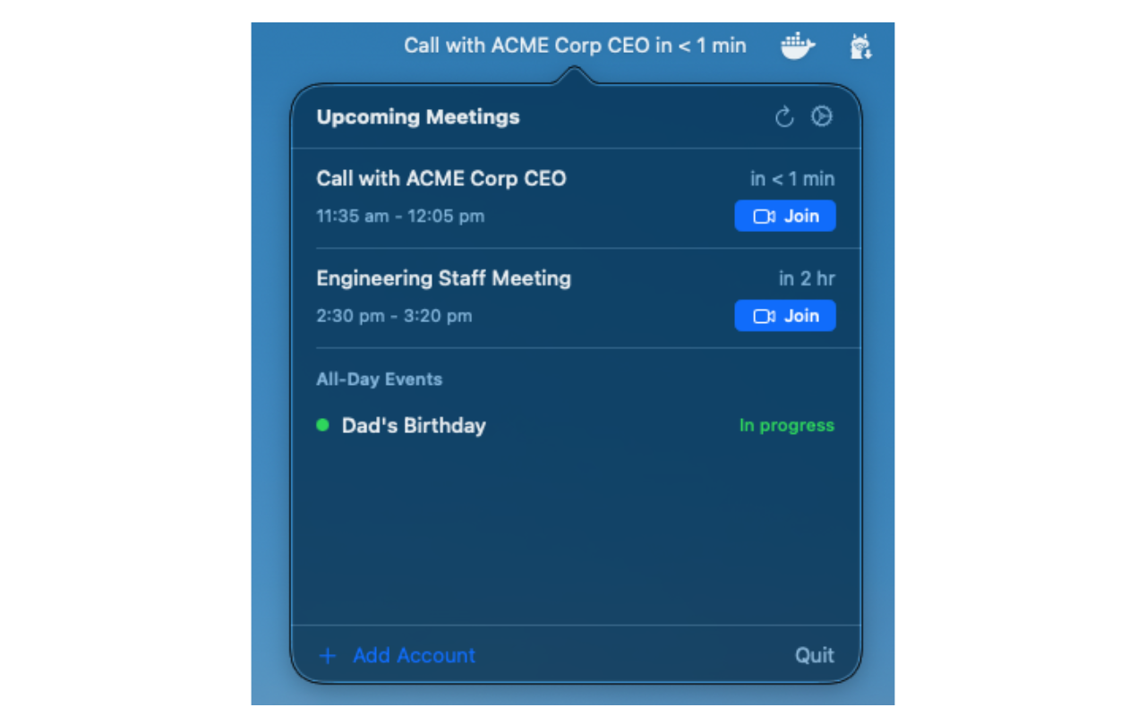 NeverMiss menu bar dropdown