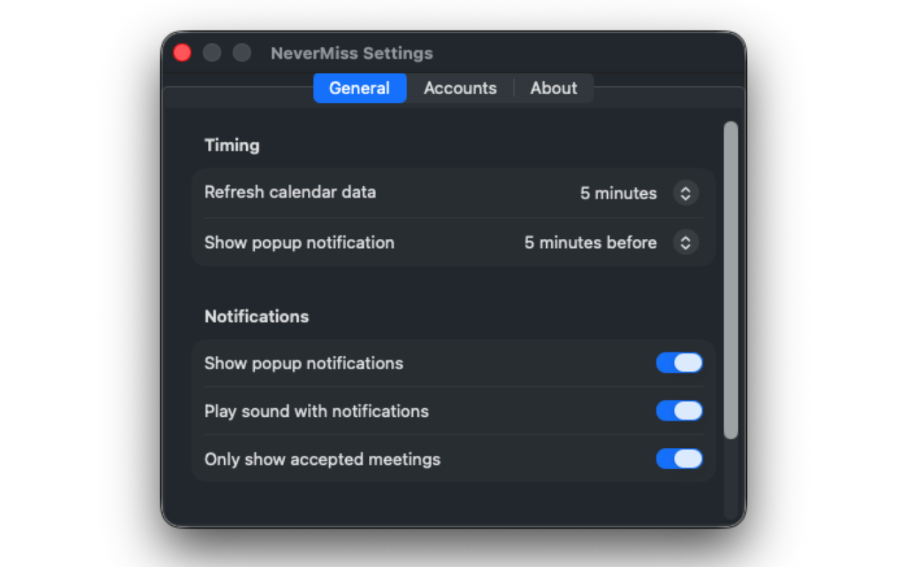 NeverMiss settings window