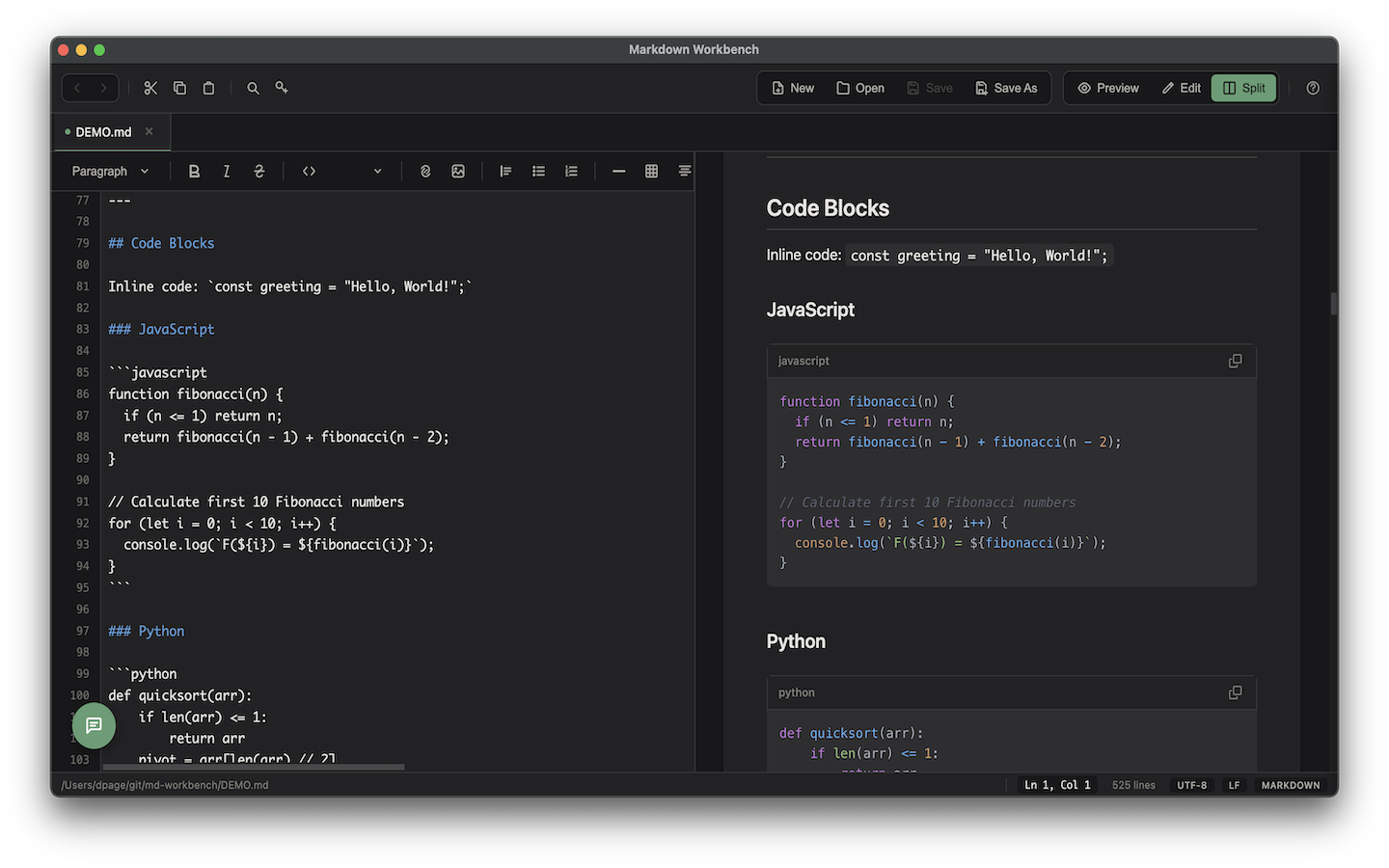 Markdown Workbench split editor with live preview